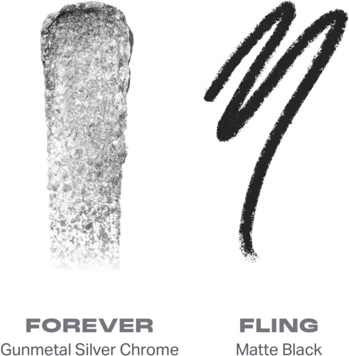 Ett grått, texturerat cylindriskt föremål och tre svarta böjda linjer med orden Forever och Fling.