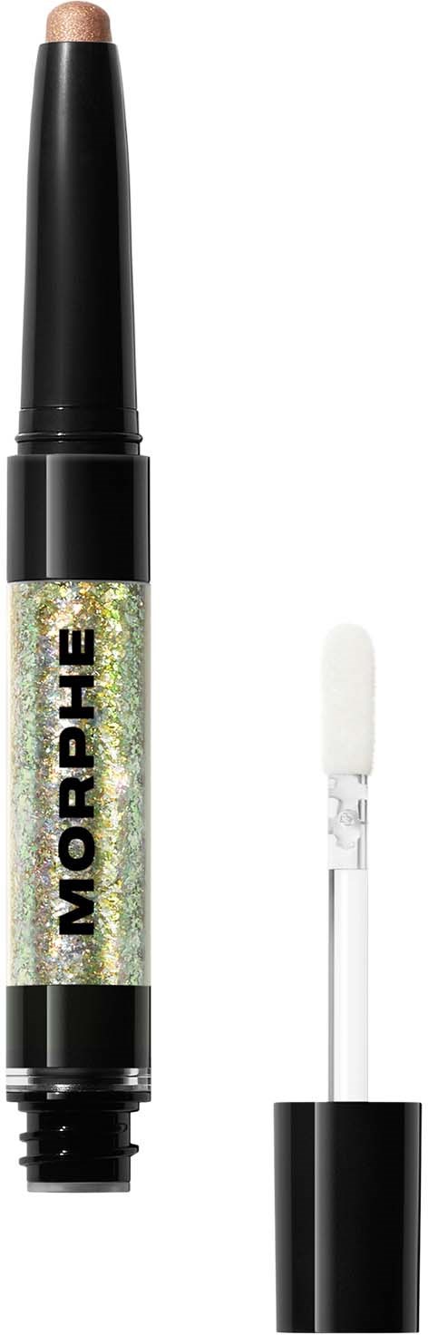 En makeup-penna med glitterat kropp, märkt MORPHE, och en vit applikator med svart lock.