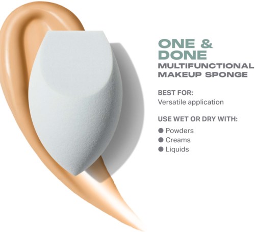 A makeup sponge with a beige and white part, and text explaining its use for makeup application.
