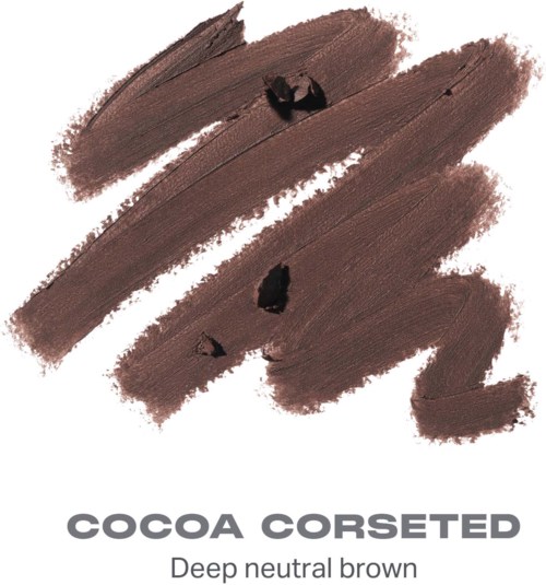 Swatches av dyp nøytral brun sminke. Produktnavnet og beskrivelsen sier cocoa corseted.