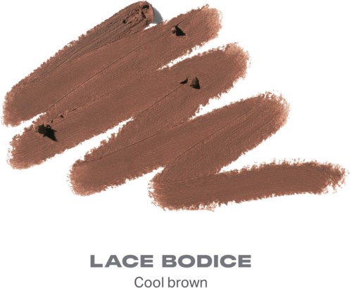 Prøver av brunt leppestift med etiketten Lace Bodice og beskrivelsen Cool brown.