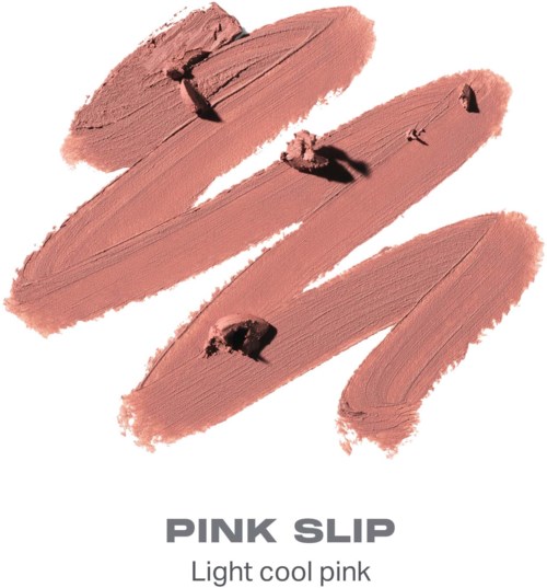 Fire prøver av lys kald rosa leppestift er smurt ut på hvit bakgrunn, med etiketten Pink Slip under.