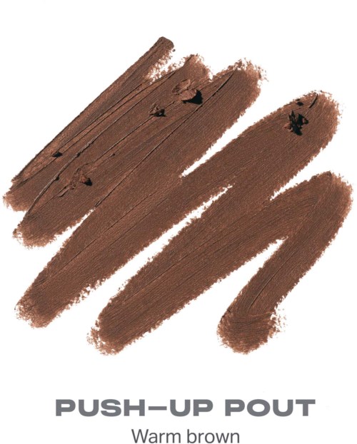 Prøver som viser en varm brun leppestift eller lip gloss i fire strøk. Teksten sier Push-Up Pout, Warm Brown.