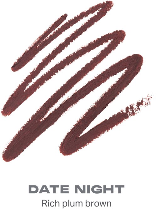 En rik lila-brun läppstiftprov med fyra böjda linjer och ett texturerat utbrott, märkt Date Night Rich Plum Brown.