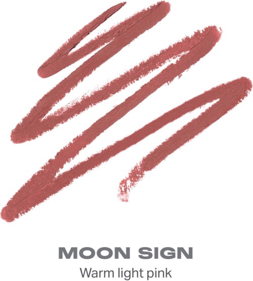 Provbitar av ljus rosa läppstift eller lip gloss med en etikett som säger Moon Sign Warm Light Pink.