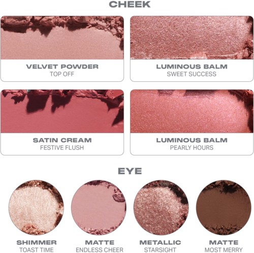 Fire øyenskyggenyanser fra lys beige til mørk brun, med shimmer, matt og metallisk finish.