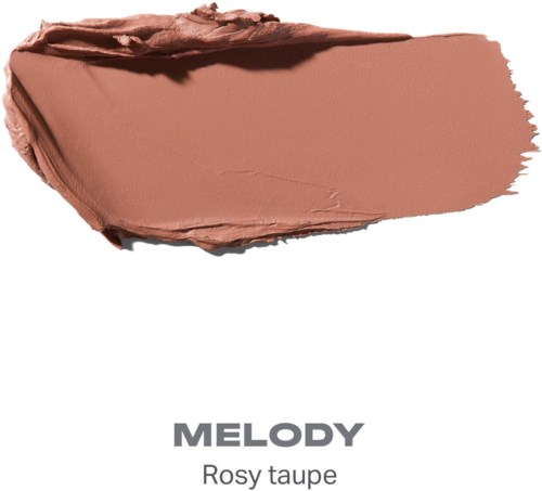 En provbit av ljusbrun makeup eller färg med matt finish och ordet Melody Rosy Taupe nedanför.