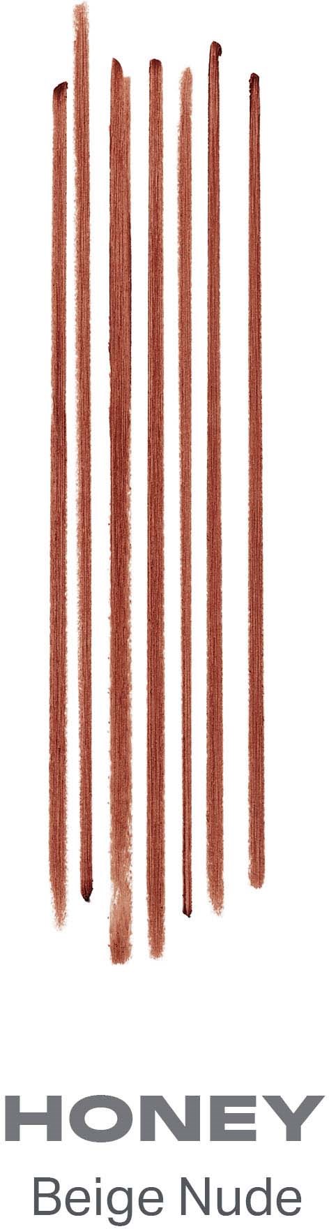 En remsa med karamellfärgad läppstift i beige nude nyans längst ner med ordet honey.