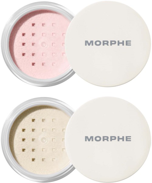 Två öppna makeup-askar med rosa och gula puder och vita lock med 'MORPHE' text.