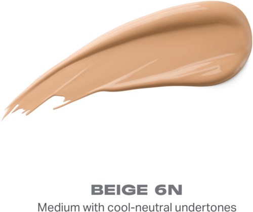 Ett beige sminkprovmärke märkt BEIGE 6N, medium med kyl-neutrala undertoner.