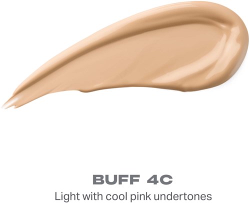 Ett beige sminkprov med en slät, krämig textur. Märkt BUFF 4C med ljusa och svala rosa undertoner.