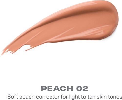 En mjuk persikfärgad kosmetikprov med etiketten Peach 02, använd för ljusa till bruna hudtoner.