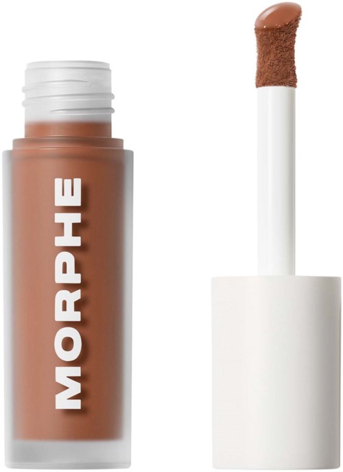 En läppstiftsrör med varumärkesnamnet Morphe och en öppen applikator som visar brunt läppstift.