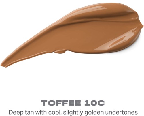 En provbit av ljusbrun smink med krämig textur och glänsande finish, märkt Toffee 10C.