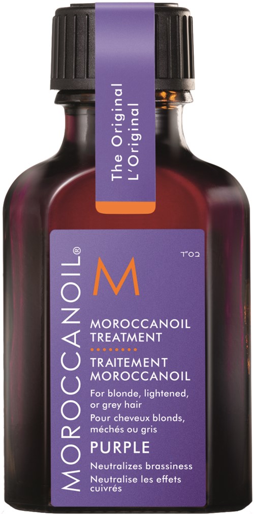 A small dark bottle with a purple label and black cap, containing Moroccan oil treatment for hair. It says 'Purple' and mentions neutralizing brassiness.