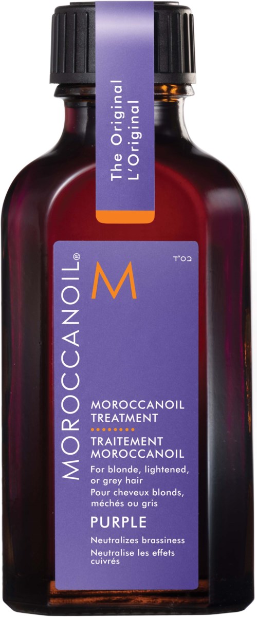 A small dark brown bottle with a black cap, labeled Moroccanoil Treatment for blond or grey hair, in purple.