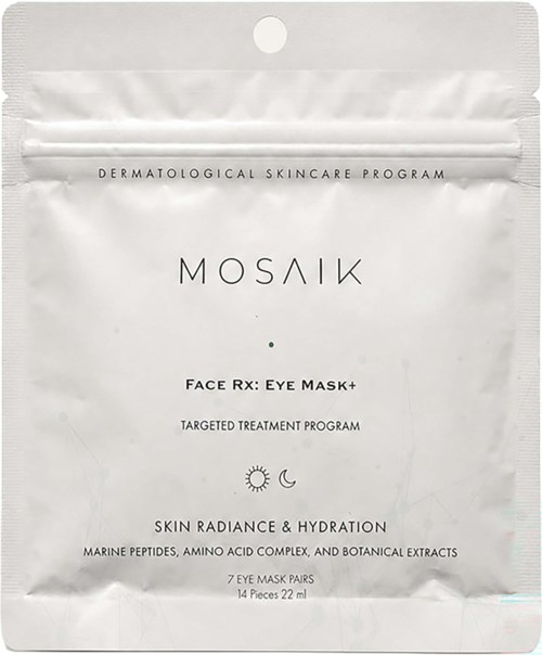 Förpackning av Mosaik Face Rx Eye Mask, med text om hudens glöd och fukt, samt ikoner av sol och måne.