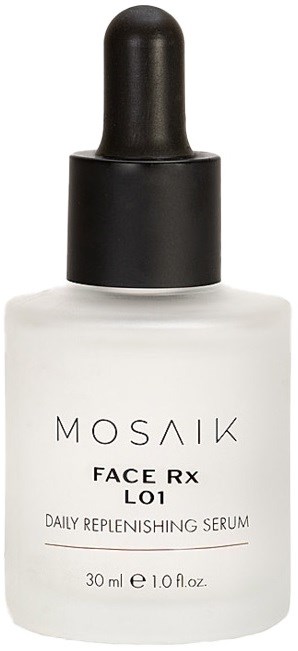 En vit flaska med svart droppkork märkt MOSAIK FACE RX L01 dagligt näringsserum.