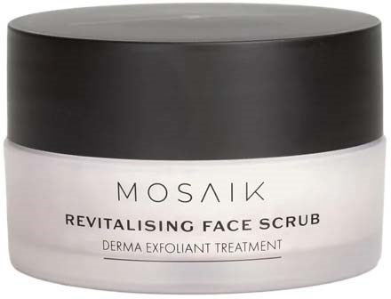 En vit burk med svart lock, märkt Mosaik Revitalising Face Scrub för hudvård.