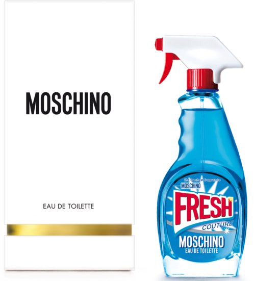 Eine Moschino-Parfümbox und eine blaue Sprühflasche mit Fresh Moschino Eau de Toilette.