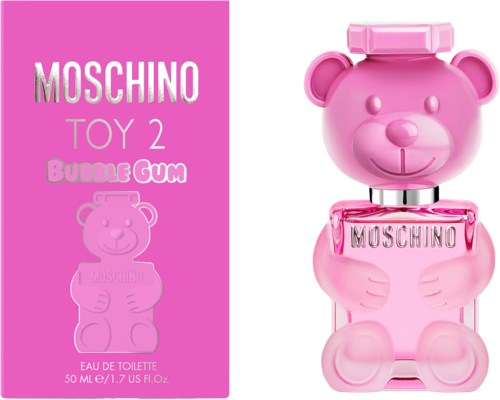 Rosa Bärenflakon und Verpackung mit Moschino Toy 2 Bubble Gum-Aufdruck.