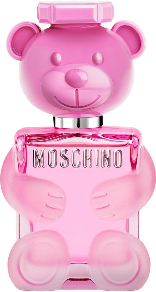 Rosa Parfümflasche in Bärenform mit 'Moschino'-Aufdruck, niedliches und verspieltes Design.