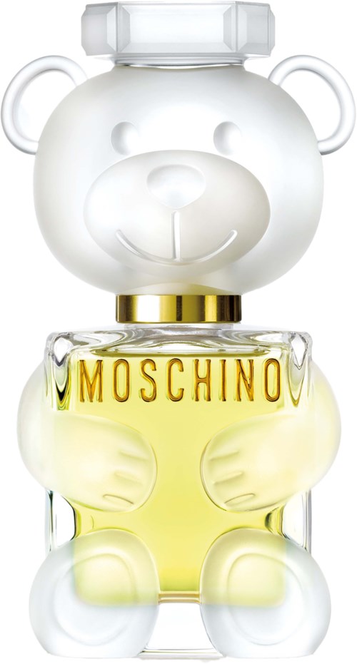 Ein teddybärenförmige Flasche mit Gesicht und Armen, enthält einen gelben Duft mit 'MOSCHINO'-Beschriftung.