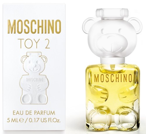 Moschino Toy 2 parfym med en björnformad flaska och vit box med guldtext.