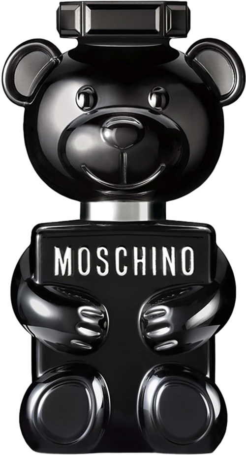 Ein glänzender schwarzer Teddybär-ähnlicher Gegenstand mit dem Namen MOSCHINO, der ein Schild hält. Es sieht aus wie Spielzeug oder Dekoration.