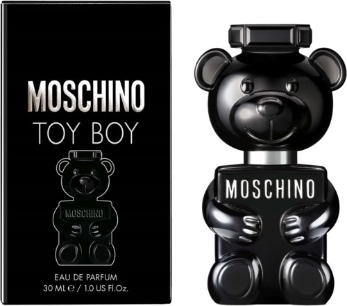 Eine schwarze Parfümflasche in Form eines Bären mit 'Moschino' darauf, neben einer schwarzen Box. Elegant und glänzend.