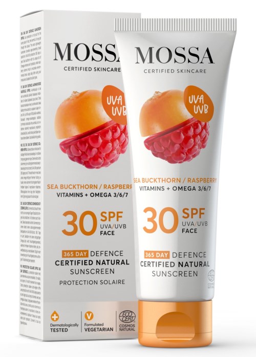 Zonnebrandcrème met framboos en perzik, SPF 30, natuurlijk, veganistisch, dermatologisch getest, gezichtsbescherming.