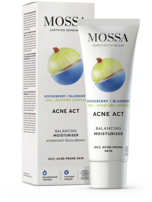 Huidverzorgingsproduct in tube en doos, voor vette, acne-gevoelige huid met bosbes en kruisbessen ingrediënten.
