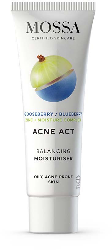 Witte tube van MOSSA Acne Act balancerende moisturizer met afbeelding van kruisbes en bosbes voor vette, acne-gevoelige huid.