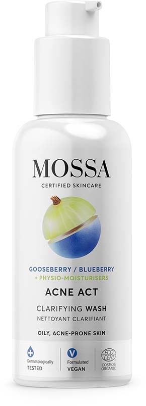 Witte fles van Mossa acne reiniger met kruisbes en bosbes, geschikt voor vette, acne-gevoelige huid, mild en biologisch.