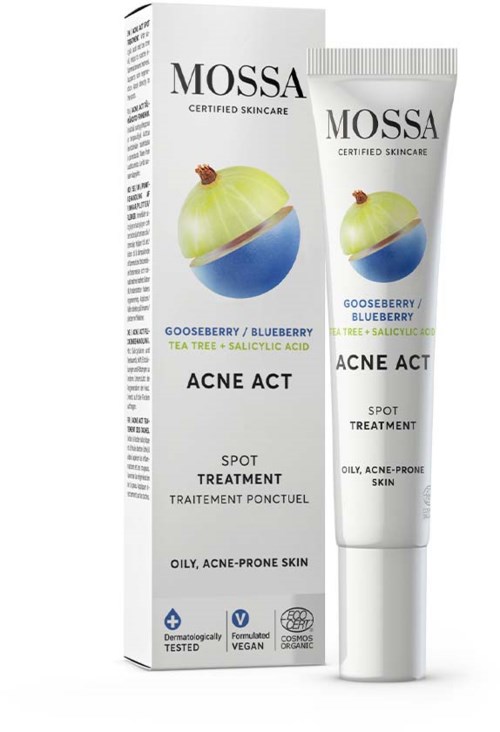 Een huidverzorgingsbuis en doos met Mossa Acne Act, blauwebes en tea tree ingrediënten voor vette, acne-gevoelige huid.