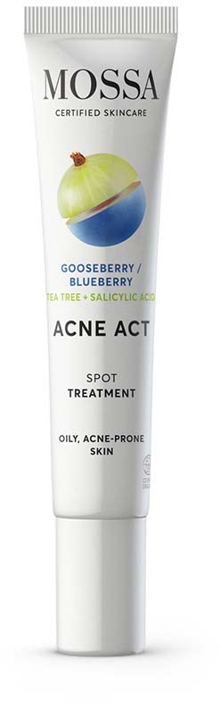 Een witte tube acnebehandeling met een blauw en groen logo, geschikt voor vette, acne-gevoelige huid.