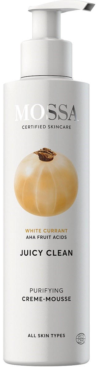 Een witte fles met pomp, labeled MOSSA Juicy Clean, met een afbeelding van een bessenfruit en tekst over huidreiniging.