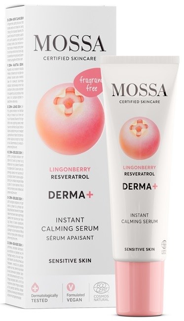 Et hudpleieprodukt med tube og eske merket MOSSA for sensitiv hud, beroligende serum med tyttebær og Resveratrol. Sertifisert veganer.