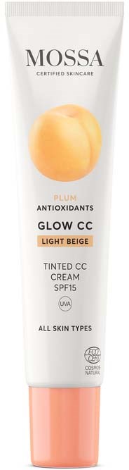 Tub med Mossa Glow CC Light Beige tonad kräm med SPF15 och antioxidantegenskaper för alla hudtyper.