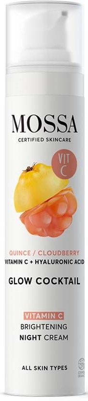 En hudvårdsflaska märkt Mossa Glow Cocktail med kvitten, cloudberry, C-vitamin, hyaluronsyra för att ljusa upp huden.