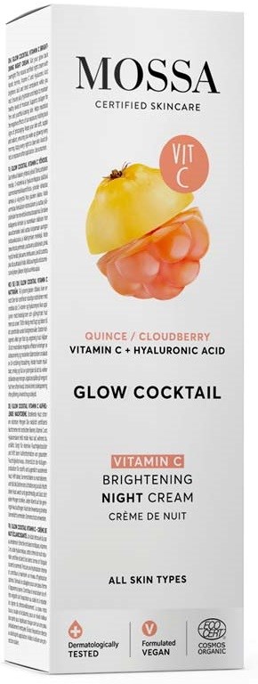 En hudvårdsproduktbox från MOSSA, med en illustration av juice och hjortron, samt text om vitamin C och hyaluronsyra.