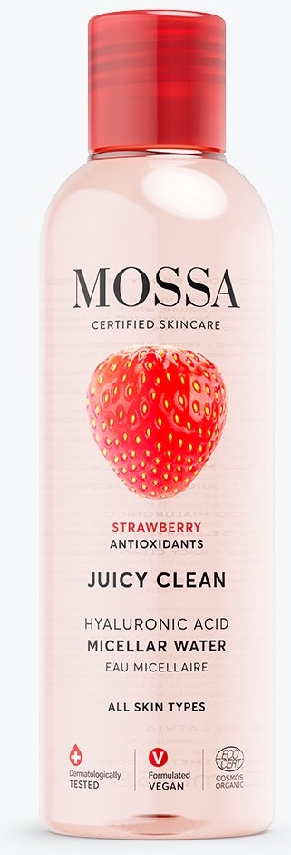 Een roze fles met een rood deksel, gemarkeerd met MOSSA, bevat aardbeien-antioxidant micellair water voor alle huidtypes.