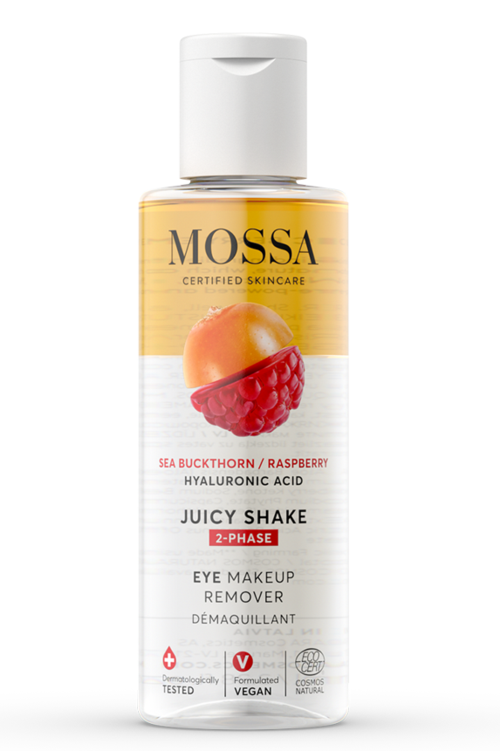 En hvit flaske med Mossa øye makeup remover med bringebær og rynkebær i vannmelonform, og rosa væske inni.