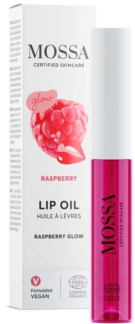 Läppolja i genomskinlig rosa behållare med svart och rosa text, förpackningen visar hallonillustration och produktspecifikationer.