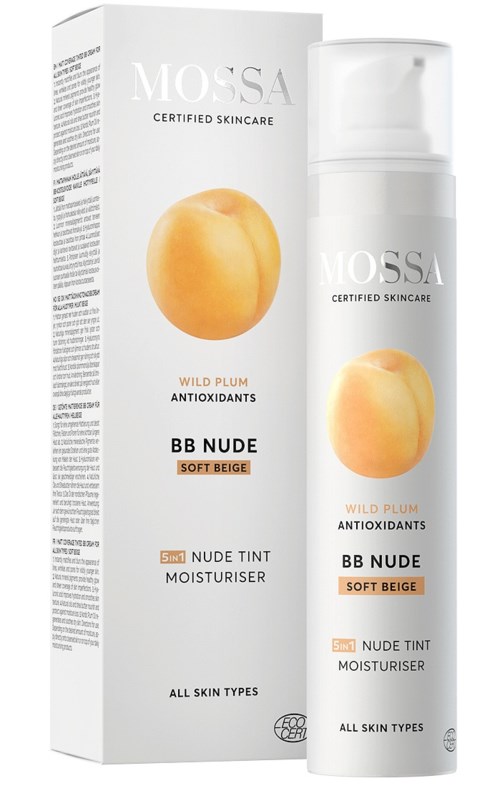 Ein Hautpflegeprodukt in einer weißen Pumpflasche mit Pfirsichbild und Text. Es ist eine BB Nude Soft Beige Feuchtigkeitscreme für alle Hauttypen.