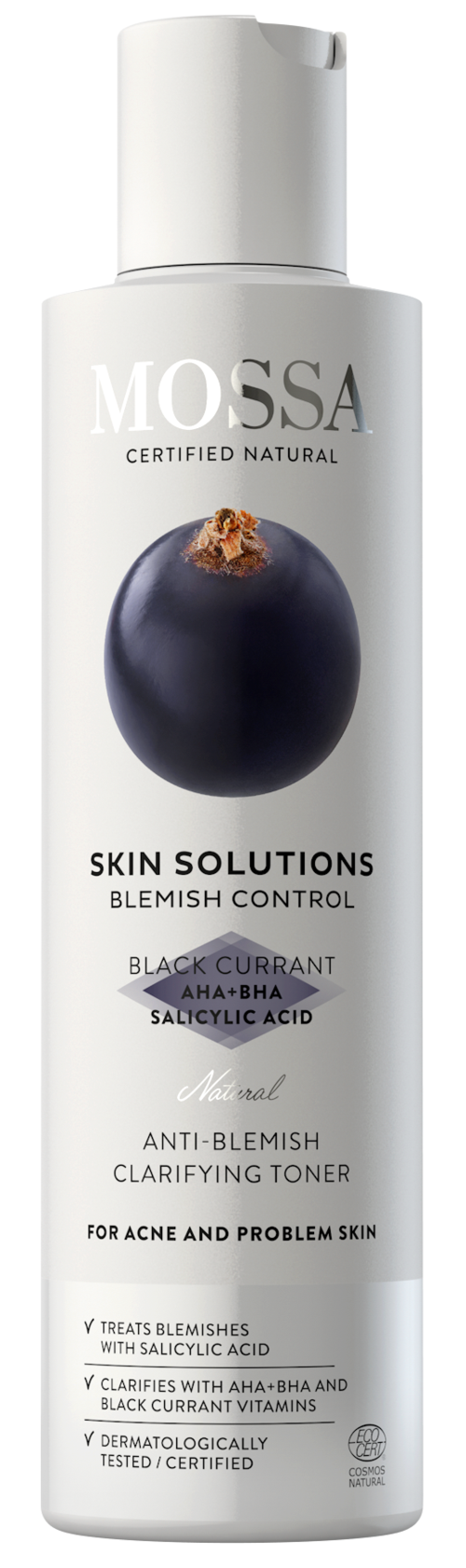 Een witte fles Mossa Skin Solutions Blemish Control toner met zwarte bes afbeelding.
