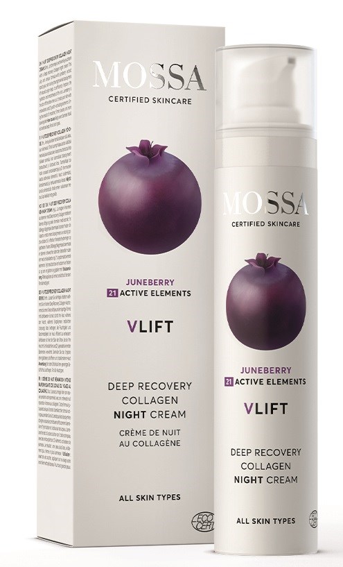 Een huidverzorgingsproduct genaamd MOSSA Juneberry Active Elements V Lift Deep Recovery Collagen Night Cream in een witte tube en doos.