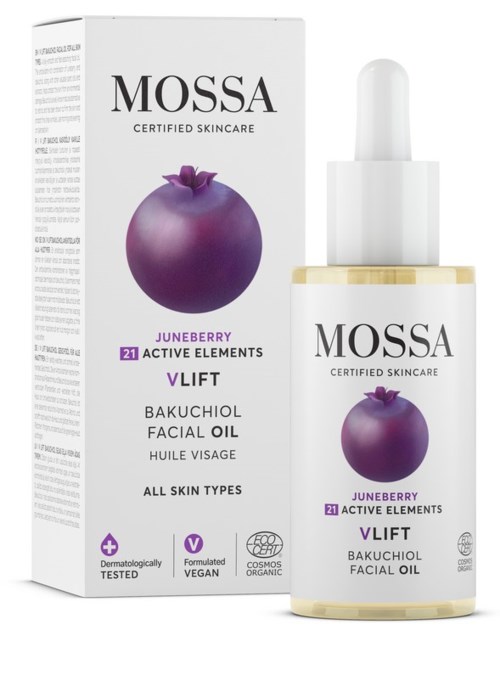 Een huidverzorgingsproduct genaamd Mossa Juneberry Bakuchiol Facial Oil, met een afbeelding van een paarse bes, etiketgegevens en een pipetfles.
