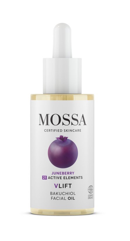 Een witte fles met druppelaar, gemarkeerd MOSSA, paars granaatappelafbeelding, en tekst over huidverzorging en facial oil.
