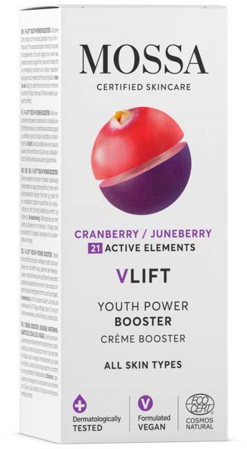 Een witte doos met een illustratie van cranberry en gelbessen, gemarkeerd Mossa huidverzorging, Youth Power Booster voor alle huidtypen.
